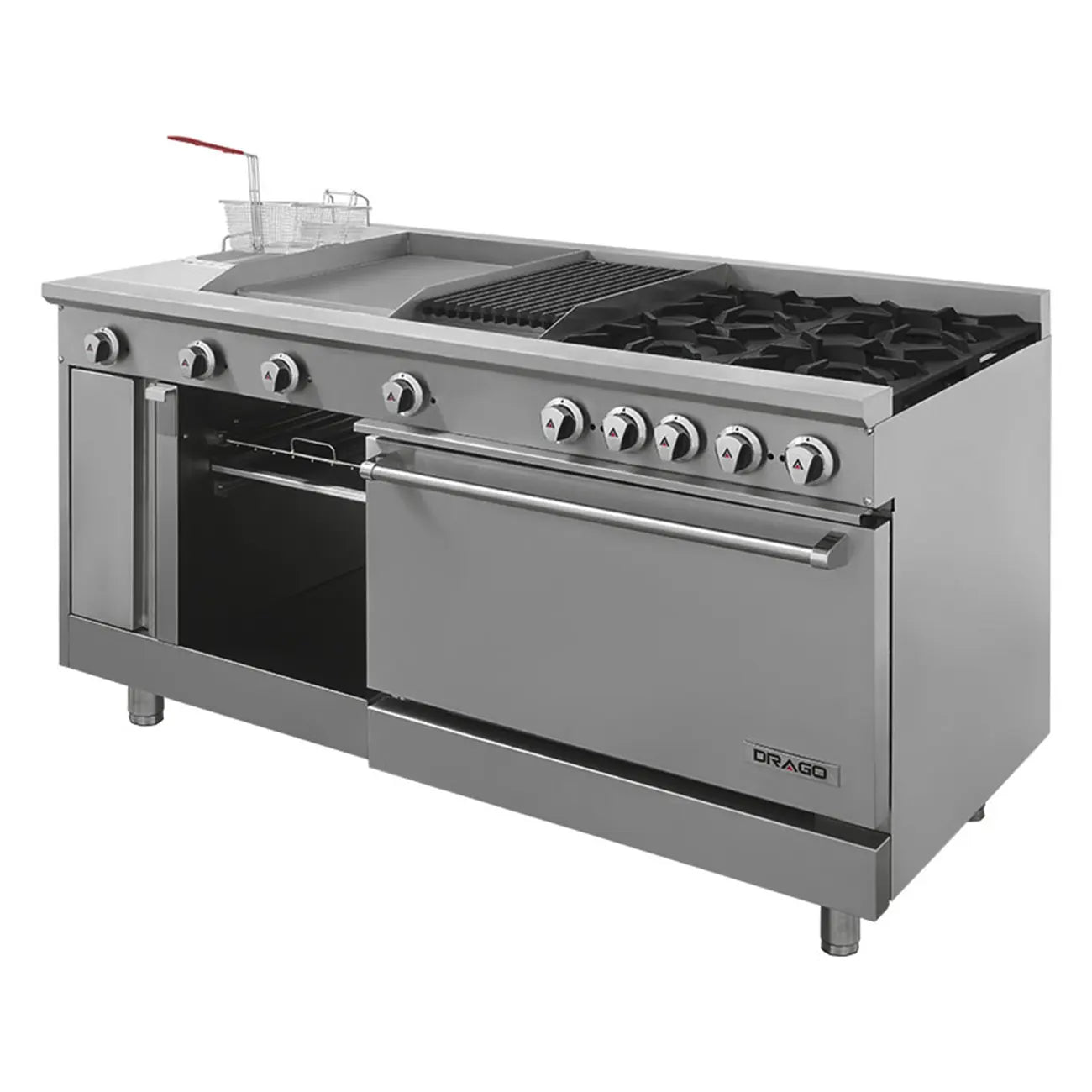 ESTUFA CON 4 QUEMADORES, HORNO, ASADOR DE 1 PIE, PLANCHA DE 1.5 PIES, FREIDORA Y GRATINADOR MODELO UNIVERSAL STD