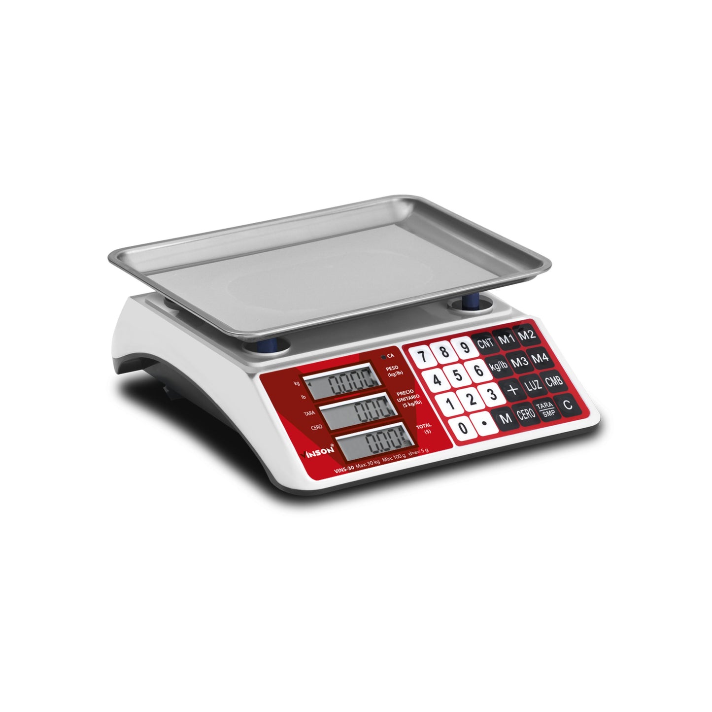 BÁSCULA DE MOSTRADOR 30 KG, PRECISIÓN 5 G, CÁLCULO DE CAMBIO Y CONTEO, PLATO INOX 27.5X21.5 CM MODELO VINS-30