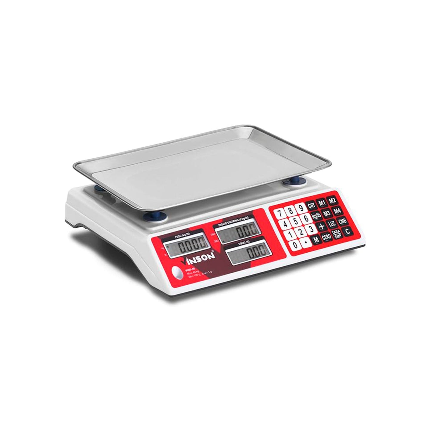 BÁSCULA DE MOSTRADOR 40 KG, PRECISIÓN 5 G, CÁLCULO DE CAMBIO Y CONTEO, PLATO INOX 33X23 CM MODELO VINS-40