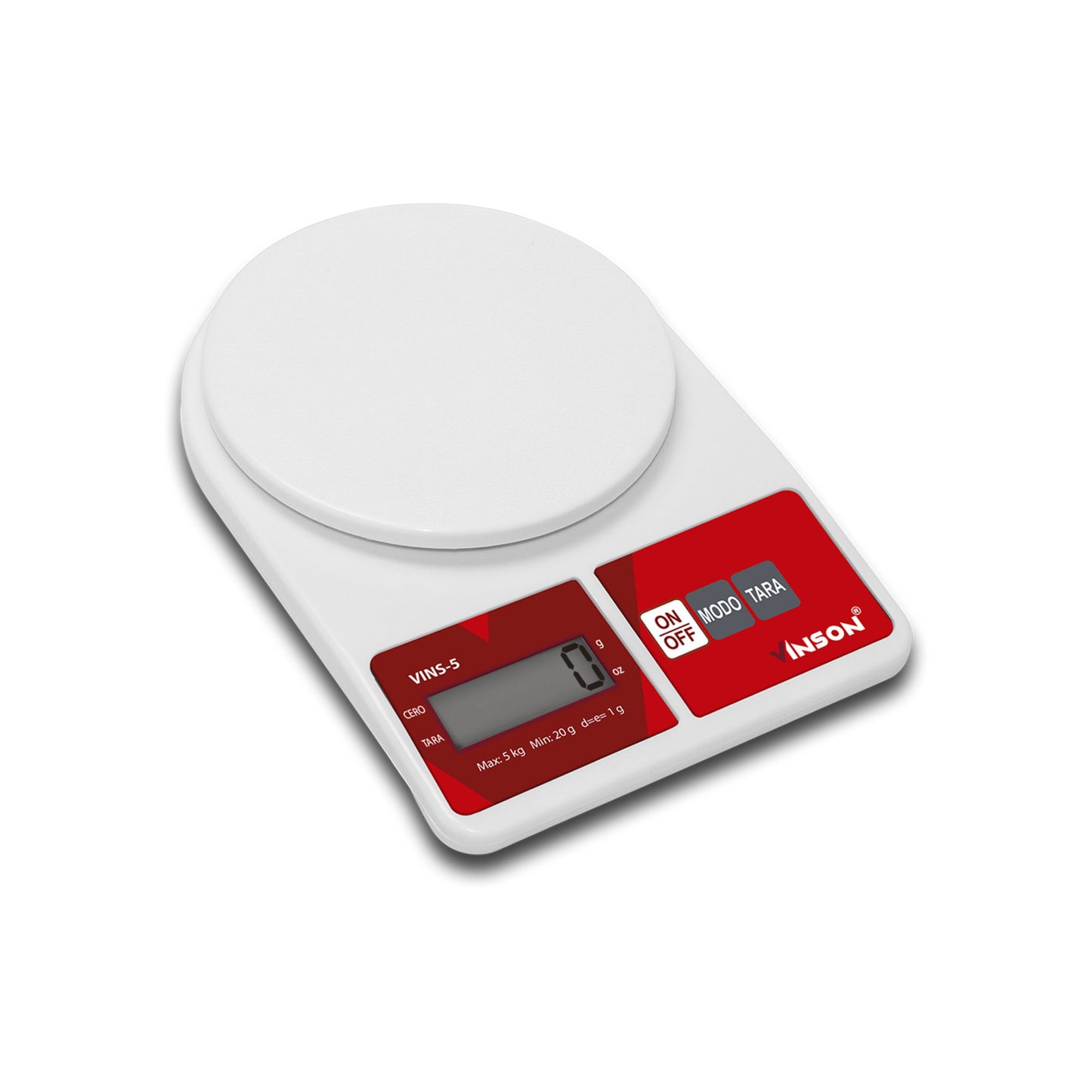 BÁSCULA DE MOSTRADOR 5 KG, PRECISIÓN 1 G, PLATO PLÁSTICO 14 CM MODELO VINS-5